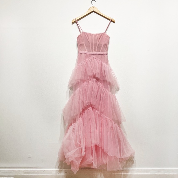 NEW BCBGMaxAzria Tulle Mesh Layered Tiered Corset Essential Gown Dress Pink Rose - Picture 1 of 4